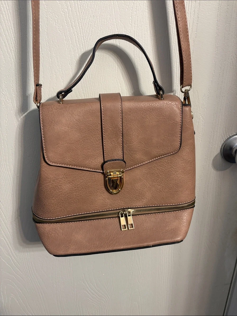 Women's Taupe Crossbody Top-Handle Bag with Gold Hardware
